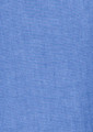 A blue chambray fabric, smooth and textured, ideal for a short sleeve button-up shirt. Features a subtle branding logo.