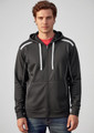 A men's black hoodie with a zip front, featuring contrasting details and an attached hood. Includes branding.