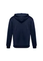 A navy blue hoodie with a hood and long sleeves, featuring a logo on the back.