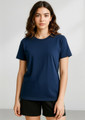 A navy short sleeve tee with a simple design, featuring a logo on the front. The model is wearing it with black shorts.