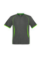 A grey short sleeve tee with contrasting green detailing and a logo on the front.