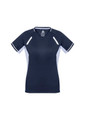 A navy blue women's short sleeve tee with white accents and a logo. Designed for comfort and style.