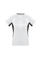 A short sleeve women's tee in white with black sides, featuring a logo on the chest.