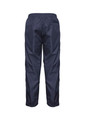 A pair of navy blue track pants with an elastic waistband and elastic cuffs at the ankles, featuring a branding logo.