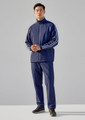 A model wearing unisex navy track pants paired with a matching zip-up jacket featuring white stripes.