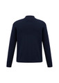 A navy blue 80/20 wool pullover featuring a ribbed texture and a high collar, with a logo on the back.