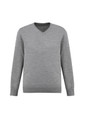 A grey knitted pullover featuring a V-neck design and ribbed cuffs. It has a small logo present.