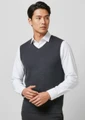 A grey Milano men's vest is displayed on a model, featuring a V-neck design and a fitted silhouette.