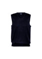 A navy blue men's vest with a V-neck design and no sleeves, featuring a logo on the neckline.