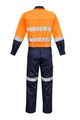 A rugged overall in orange and navy blue with reflective stripes. Features a logo on the front.