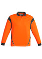 An orange long sleeve polo shirt with grey accents and a collar, featuring a logo. Suitable for workwear applications.