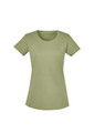 A light olive green women's t-shirt with short sleeves and a rounded neckline. It features a logo on the front.