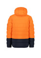 An orange hooded puffer jacket with navy accents and a side pocket. The back view highlights the puffer design.