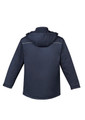 A navy unisex softshell jacket with a hood and reflective detailing on the back. It features a logo.