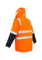 A waterproof men's hi-vis jacket in bright orange with reflective strips and a black lower section. It features a hood and branding.