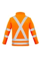 A bright orange softshell jacket featuring reflective X-back stripes and sleeves. The jacket has a collar and a logo.