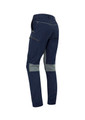 A pair of men's stretch work pants in navy blue with grey accents, featuring a zippered side pocket and a logo.