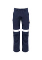 Navy cargo pants featuring reflective stripes and side pockets, with an orange logo on the side.