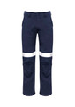 Men's navy work pants featuring reflective tape stripes and a traditional style. Designed for workwear use.