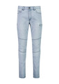 A pair of light blue stretch jeans with a slim fit and cargo pocket detail, featuring a waistband and stitching.