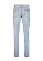 Light blue stretch jeans featuring multiple pockets and a logo. Ideal for workwear as part of a practical outfit.
