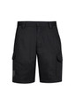 Black men's summer cargo shorts with side pockets and a basic button closure. Features branding.