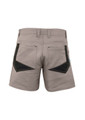 Men's rugged dress shorts in a light grey colour with contrasting black detailing on the back pockets. Features a logo.