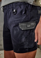 Men's rugged work shorts in navy blue featuring a contrasting pocket and an adjustable waistband. A logo is visible.