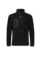 A black unisex polar fleece pullover with a quarter zip and multiple zippered pockets. It features a logo.