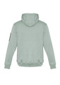 A unisex multi-pocket hoodie in light green, featuring a hood and a branded logo on the sleeve.
