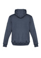A navy unisex multi-pocket hoodie featuring a hood and ribbed cuffs, with a logo on the sleeve.