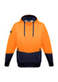A unisex hi-vis textured jacquard hoodie in bright orange and navy, featuring a front pouch and a logo on the sleeve.