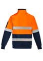 A unisex hi-vis pullover in orange and navy, featuring hoop tape for visibility and a branding logo on the sleeve.