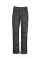 A pair of men's plain black utility pants with multiple pockets and a secure fastening.