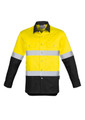 A long sleeve work shirt featuring yellow and black colours with reflective hoop tape accents and a logo.