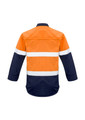 Orange and navy work shirt with hooped white tape, featuring a closed front and long sleeves. Includes a logo.