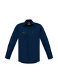 A navy long-sleeve stretch shirt with a chest pocket and branding. Suitable for workwear use.