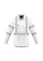 A white long sleeve work shirt with reflective strips, featuring two front pockets and a logo on the chest.