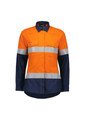 A lightweight women's shirt featuring an orange body and navy blue sleeves, with reflective stripes and pockets.