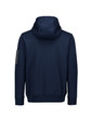 A navy unisex zip-front hoodie featuring a hood and a multi-pocket design, including a pocket on the sleeve.