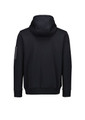 A black unisex zip front hoodie with a multi-pocket design and a hood, featuring a logo on the sleeve.