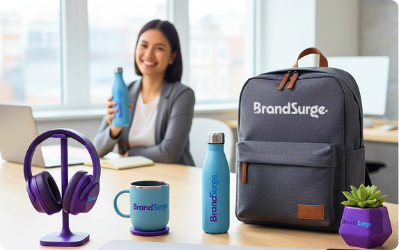 Branded notebooks and merchandise for a staff launch event