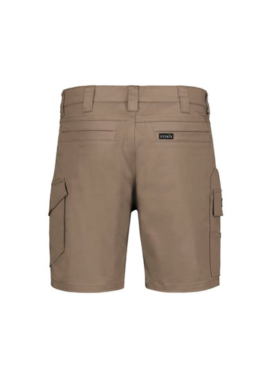 Men's essential stretch cargo shorts in a khaki colour, featuring multiple side pockets and a logo on the waistband.