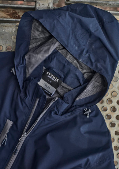 A navy unisex packable rain jacket featuring a hood, mesh lining, and a label. It includes a branding logo.