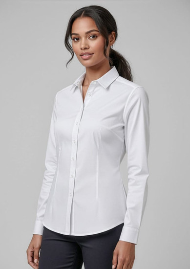 A white women's long sleeve button-up shirt displayed on a model, featuring a classic collar and a fitted silhouette.