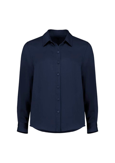 A navy long sleeve women's shirt featuring a collar and button front, with a simple design and branding present.