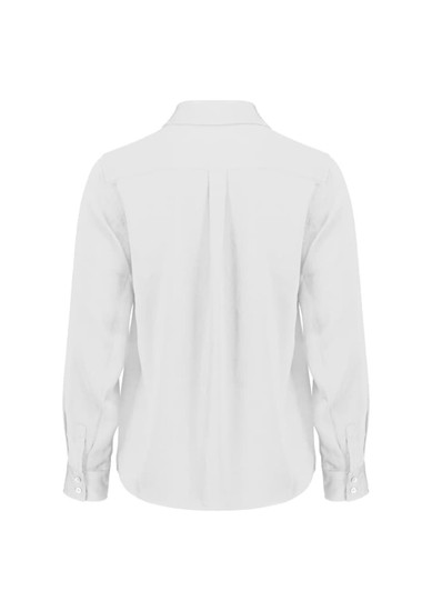 A white long sleeve shirt with a collar and buttoned cuffs, featuring a central back pleat. It has a logo.