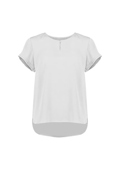 A light grey short sleeve blouse with a round neckline and a slightly longer back hem. It features rolled sleeves and has a logo.