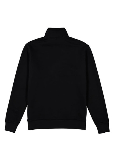 A black men's 1/4 zip jumper featuring a high neck and elastic cuffs. The back view displays a smooth, simple design.