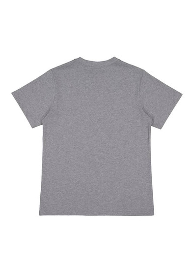 A grey short sleeve t-shirt with a simple design and a brand logo on the back.